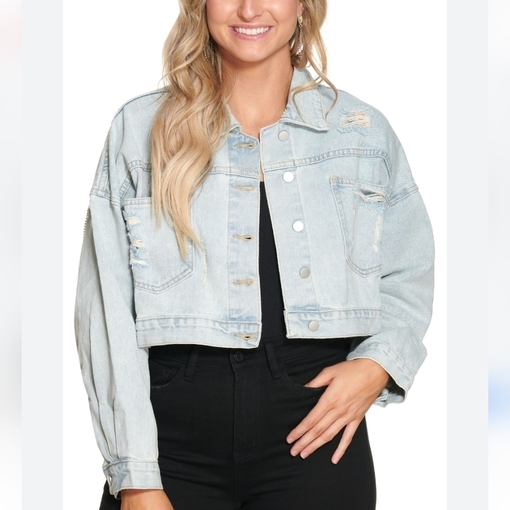 Blue B Collection Distressed Cropped Denim Jacket W/ Rhinestone Fringe - Picture 6 of 6